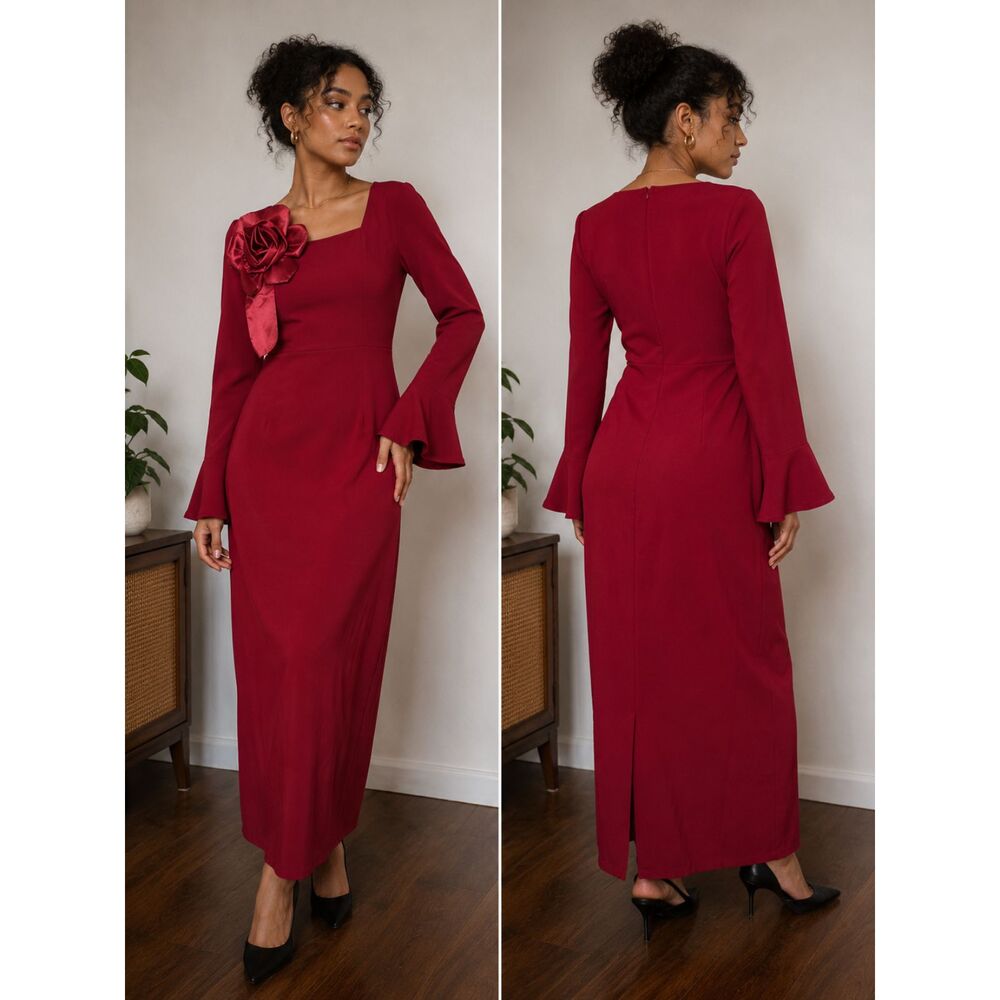 SHEIN Modelyn Burgundy 3D Flower Statement Applique Midi Dress New XL